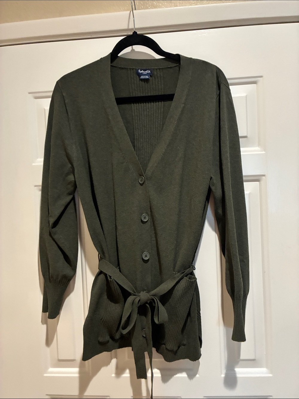Splendid Olive Green V-Neck Button Cardigan with Waist Tie